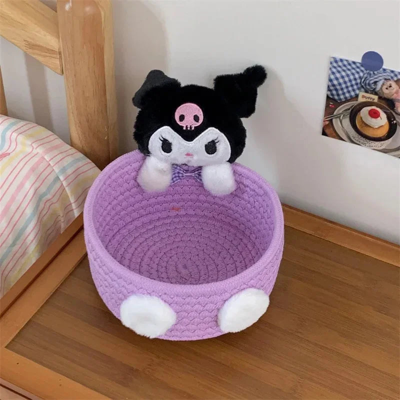 panier rangement corde tressée violet bleu clair beige rose peluches cosmétiques modernes
