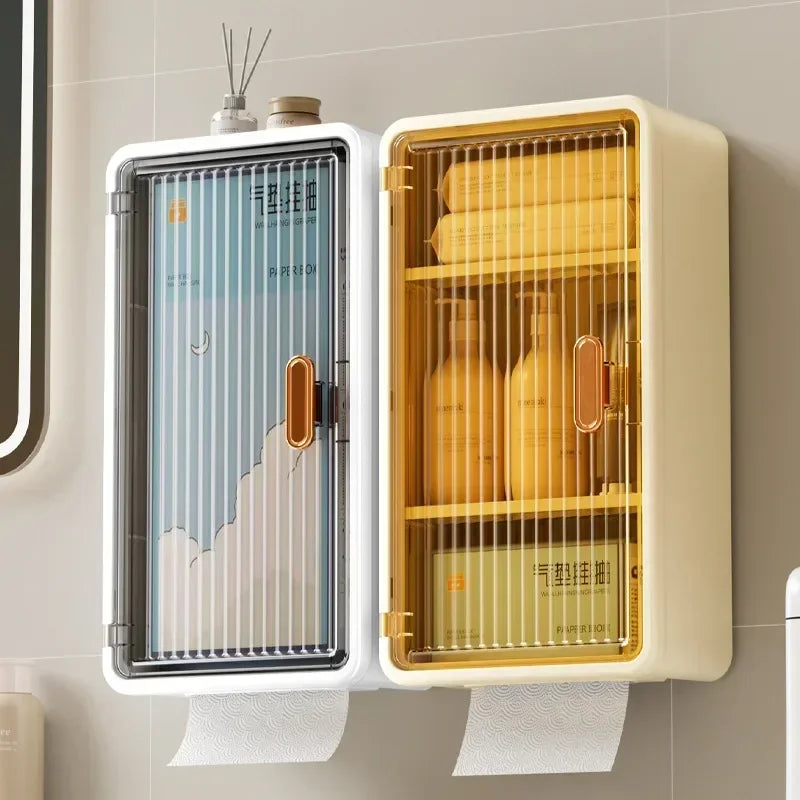 boîte rangement murale transparente moderne papier toilette serviettes bouteilles cosmétiques beige rayures dorées fixations