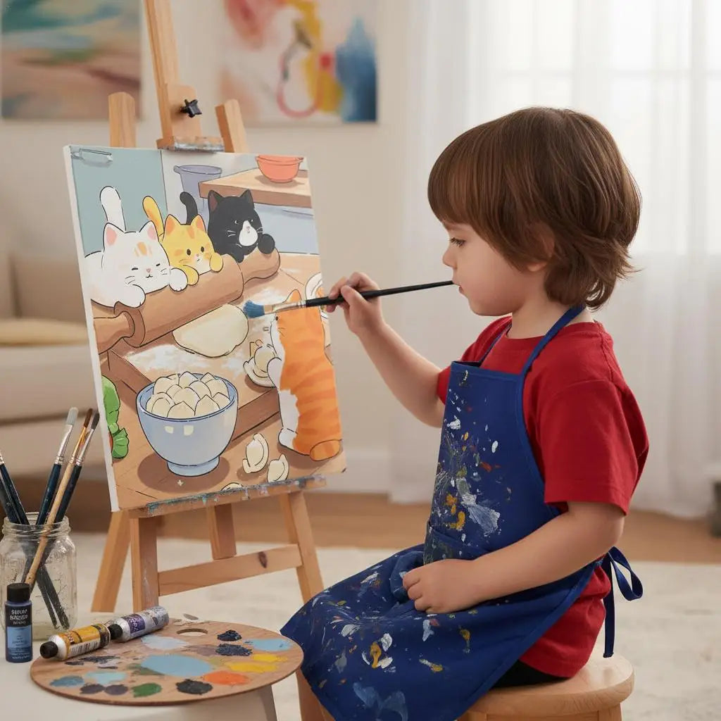 tableau peindre numeros dessin animé chatons mignons fleurs ciel feu peinture pinceaux tubes enfants