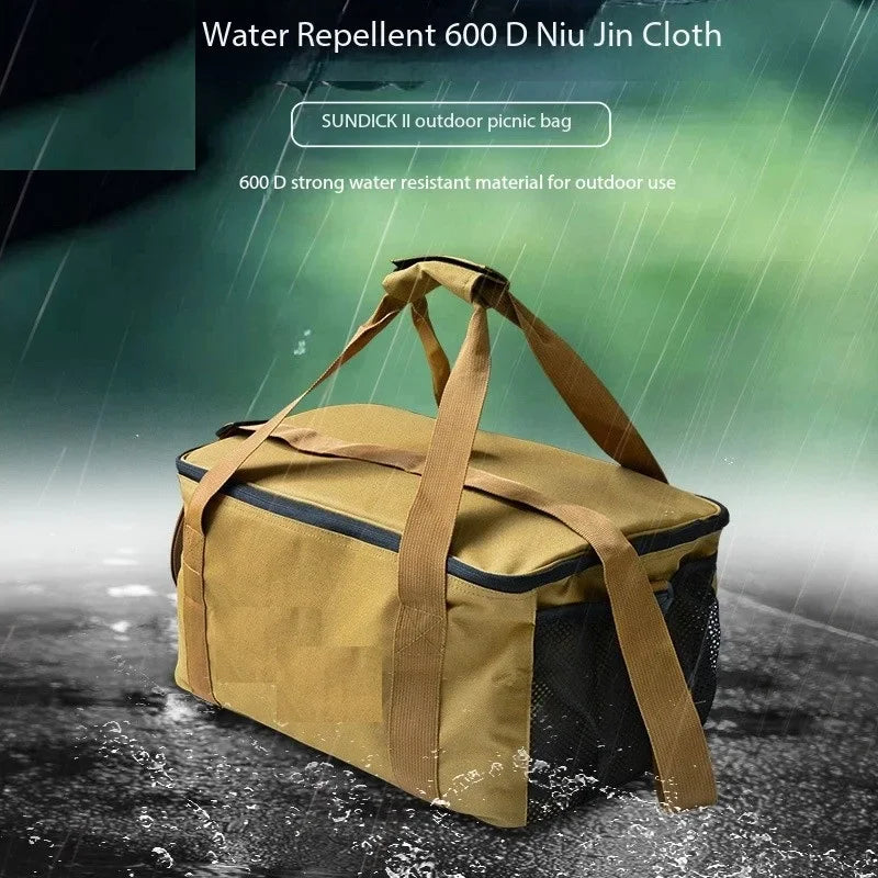 sac pique nique isotherme beige assiettes casserole réchaud gaz poignées bandoulière amovible
