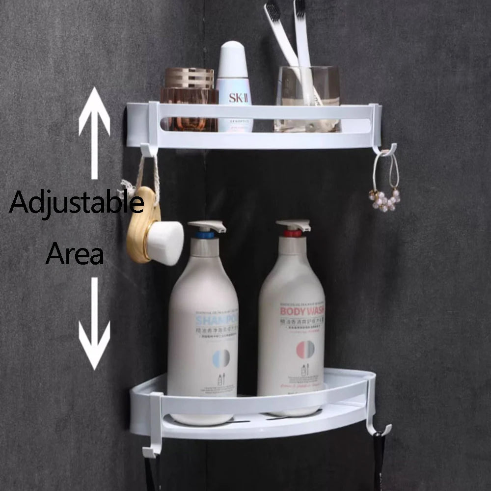 étagère salle bain blanc moderne adhésive shampooing gel douche lotion parfum verre boucles d'oreilles