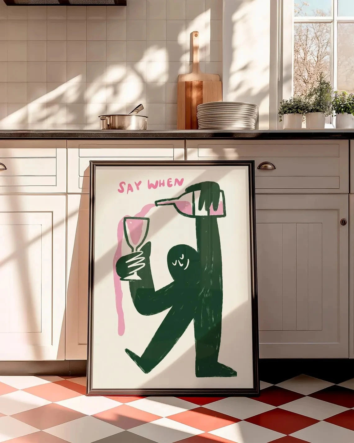 affiche moderne say when vin silhouette verre bouteille minimaliste couleur rose vert blanc