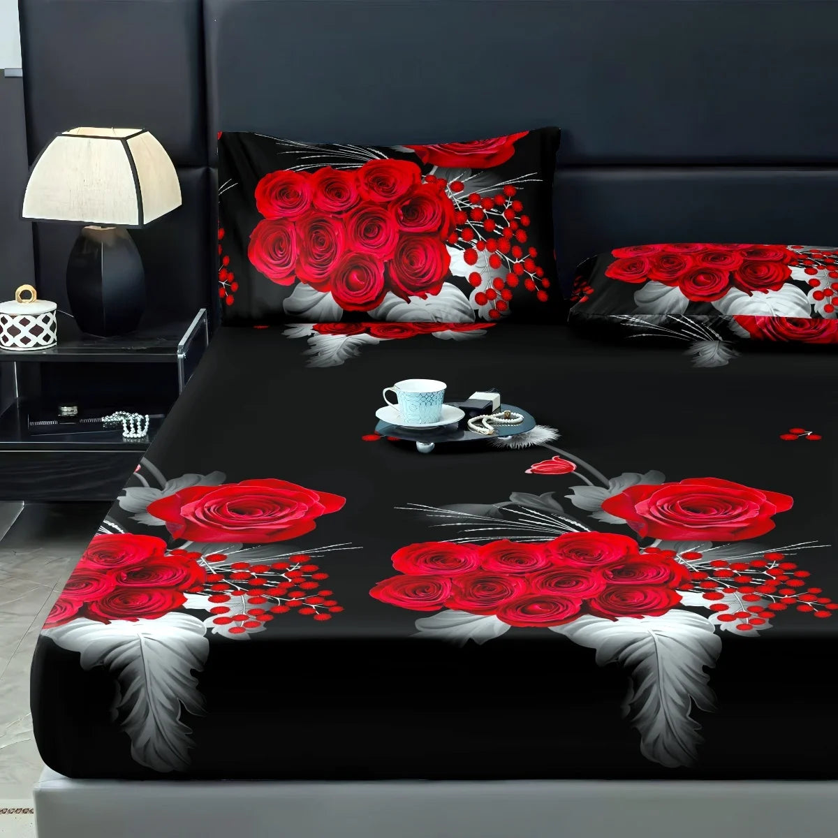 ensemble literie motifs roses noires blanches moderne drap housse taies oreillers