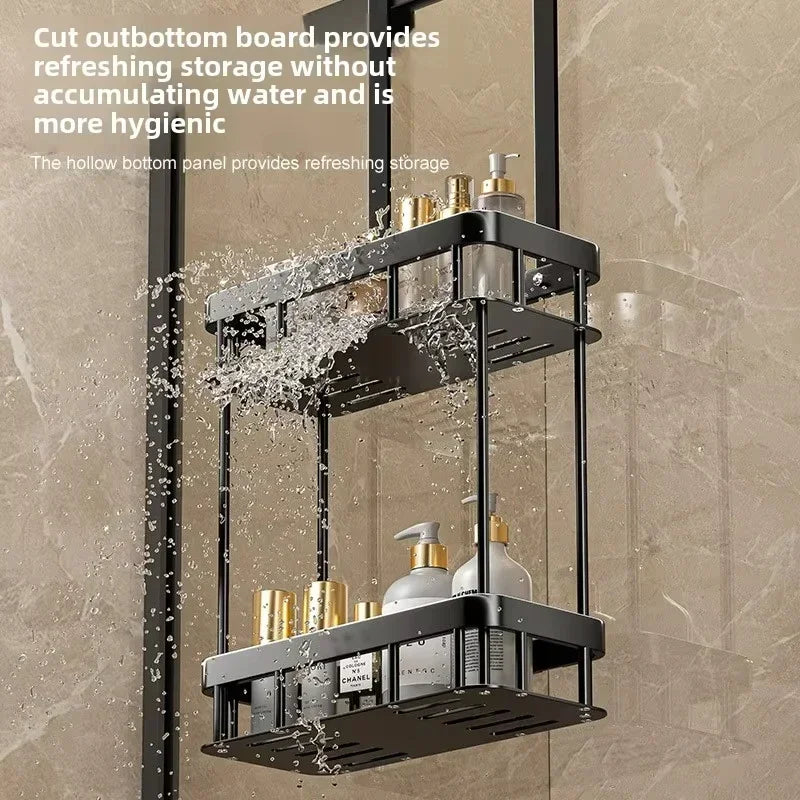 étagère salle bain deux niveaux noir moderne grille imperméable aluminium fixations murales rangement douche