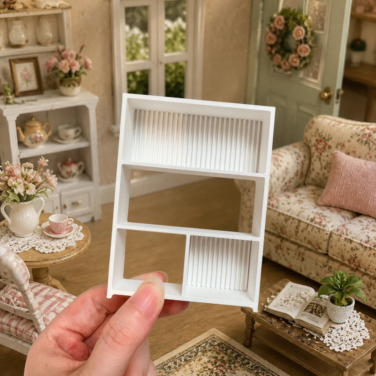 présentoir miniature étagère bois blanc rainures vintage décoration intérieure collection objets petits livres vases