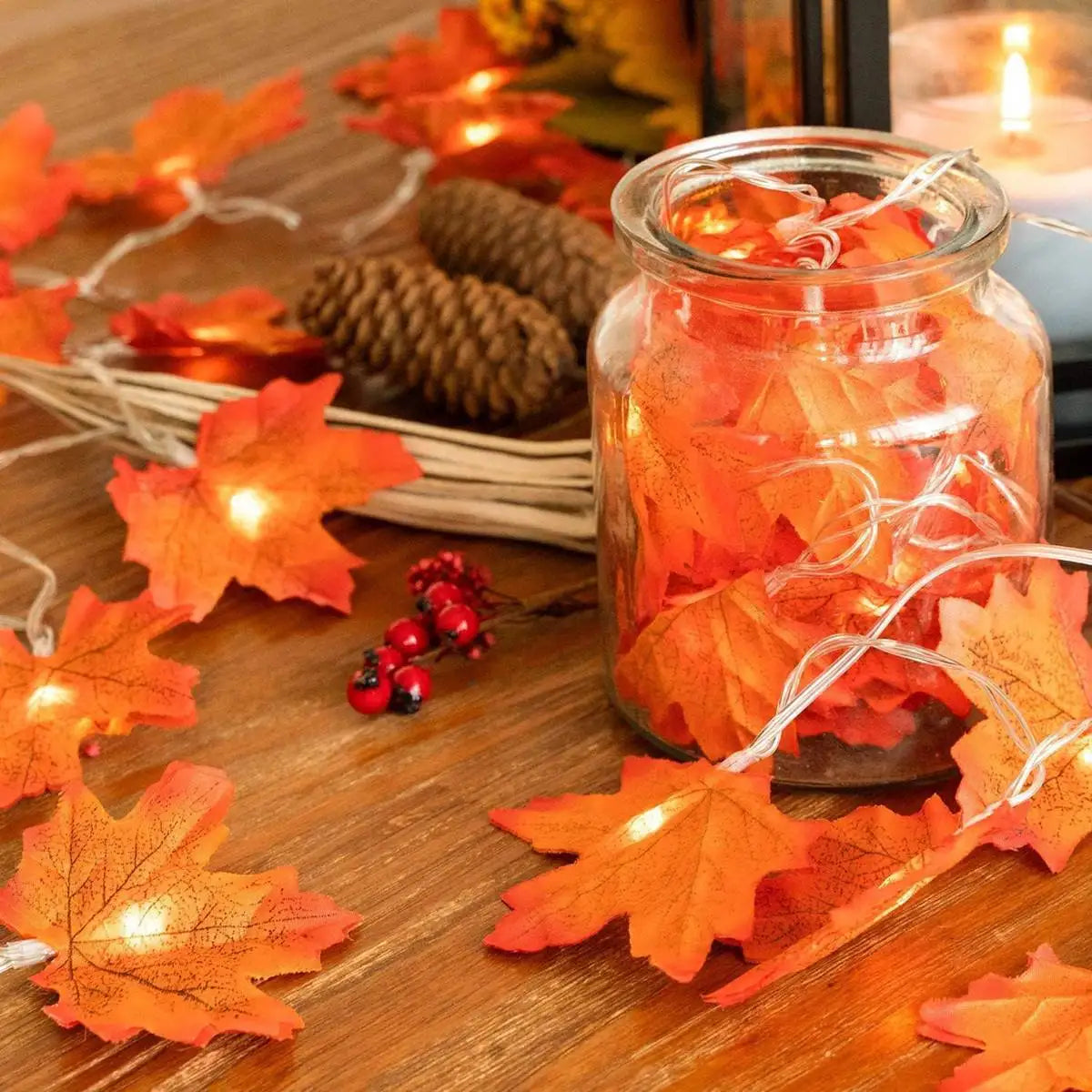 guirlande lumineuse feuilles érable led automne orange rouge jaune décoration extérieure intérieure festive chambre