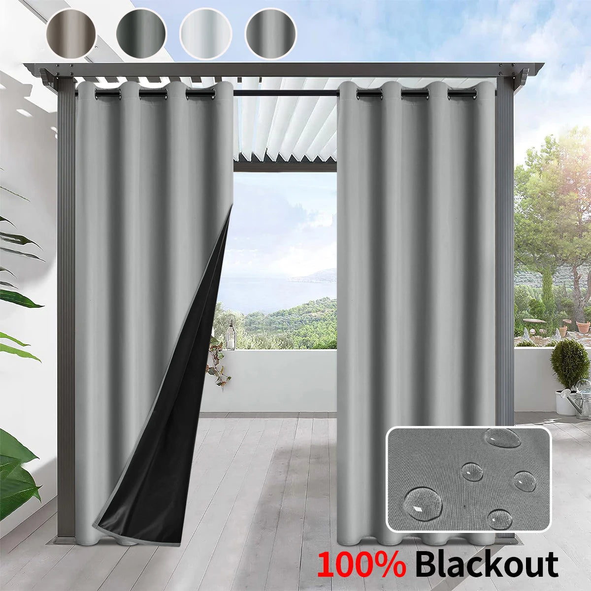 rideaux extérieurs imperméables blackout modernes texturés gris noirs 100 polyester grommet top salon patio