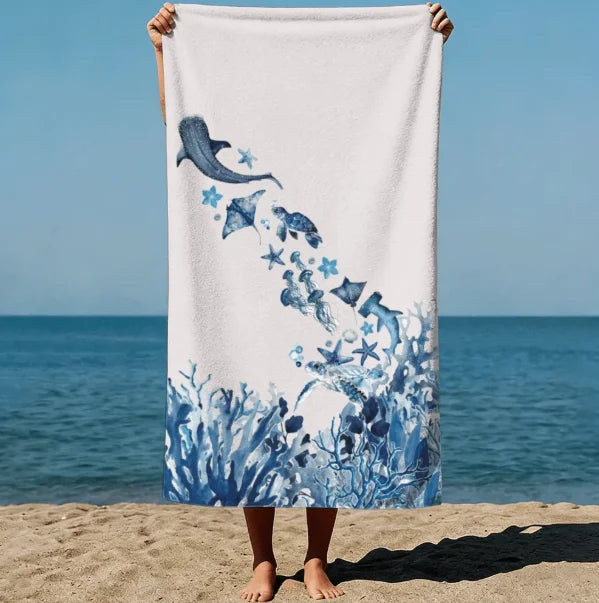 serviette plage polyester fleurs marine dauphins coraux rayures bleu clair moderne océan voyage été