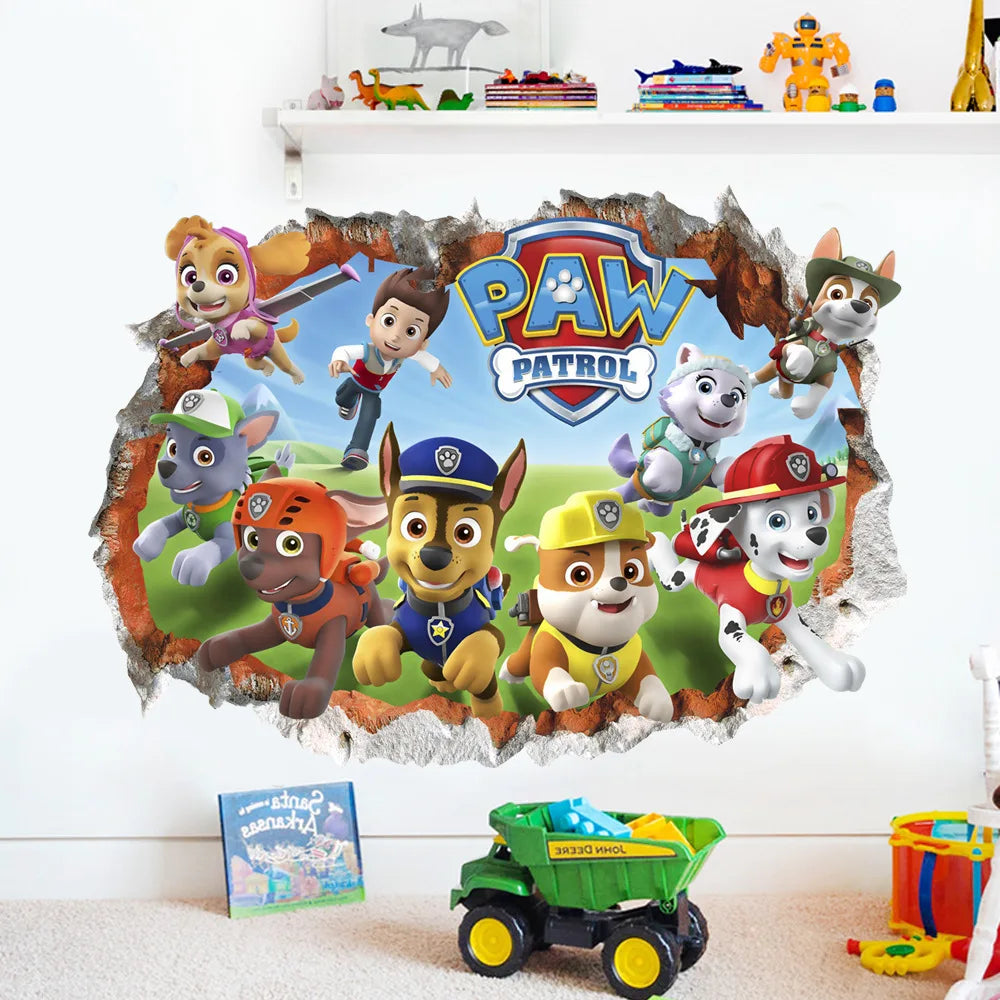 sticker mural 3d pat'patrouille multicolore enfants chambre salon décoration effets 3d adhésif chambre fête