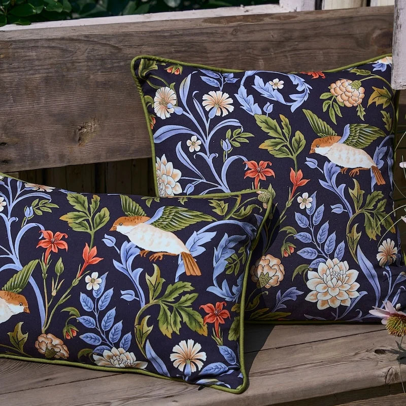 housse coussin polyester motif floral oiseaux vintage décor canapé chaise lit bleu marine vert