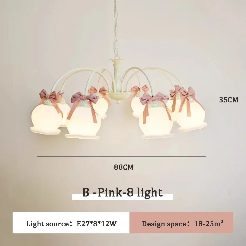 chandelier suspension vert pâle rubans roses abat jour translucides chambre enfant romantique