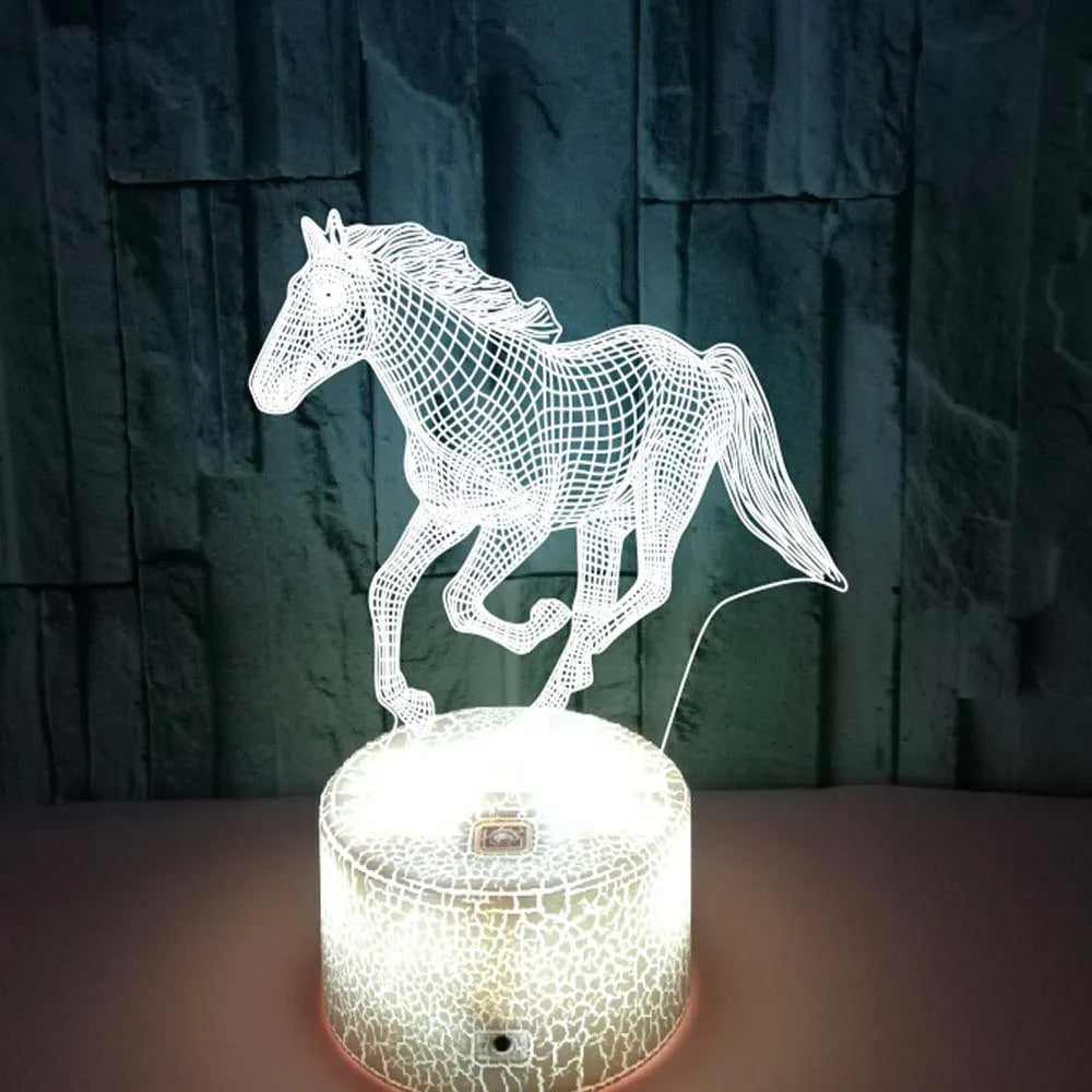 lampe led 3d effet illusion cheval veilleuse diy blanc réseau lignes noires moderne base