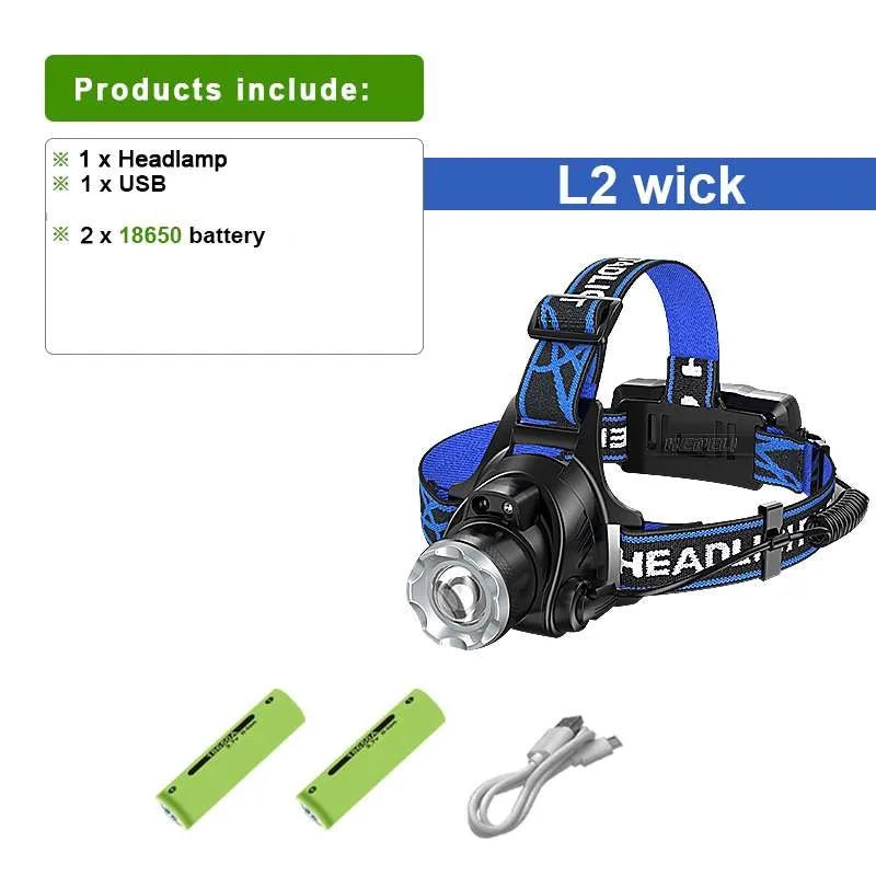 lampe frontale led rechargeable noire bande ajustable headlight imprimée mode haut bas camping pêche
