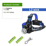 lampe frontale led rechargeable noire bande ajustable headlight imprimée mode haut bas camping pêche