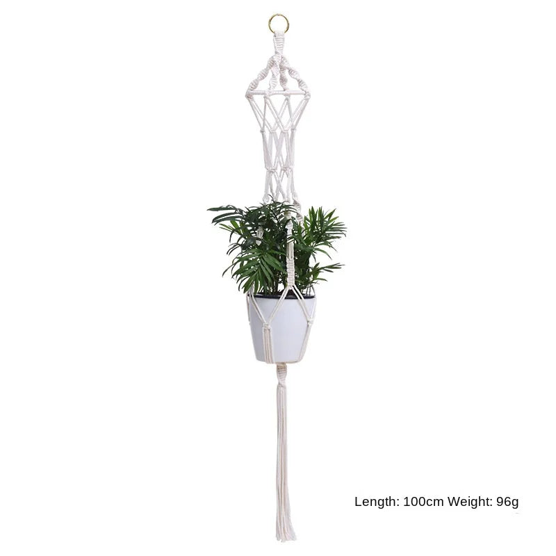 support plante suspendue macramé blanc artisanal anneaux métalliques pot inclusion 90cm 105cm 155cm