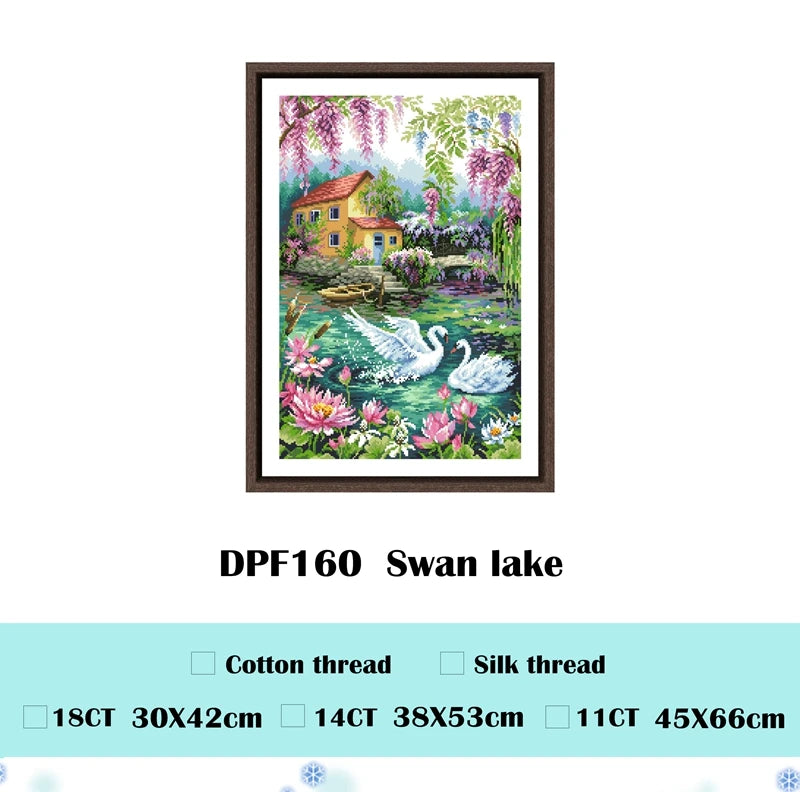 broderie paysage multicolore maison fleurs cygnes glycine toile coton fil aiguille instructions