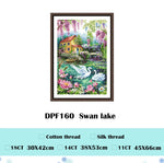 broderie paysage multicolore maison fleurs cygnes glycine toile coton fil aiguille instructions