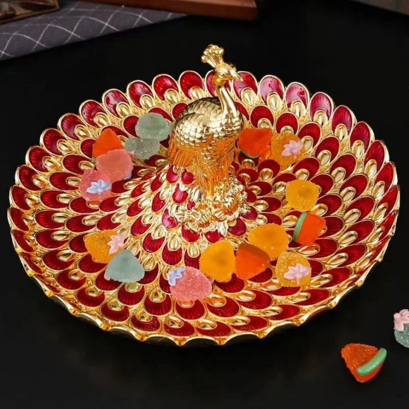 assiette décorative ovale paon rouge doré colorées classique élégant plateau fruits métal embossé
