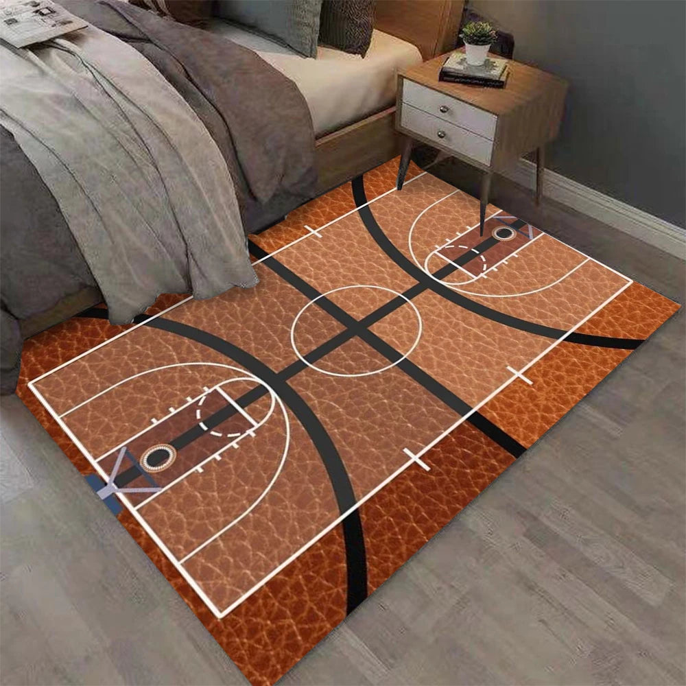tapis sol motif terrain basket orange noir blanc décoration salon chambre moderne sportif rectangulaire