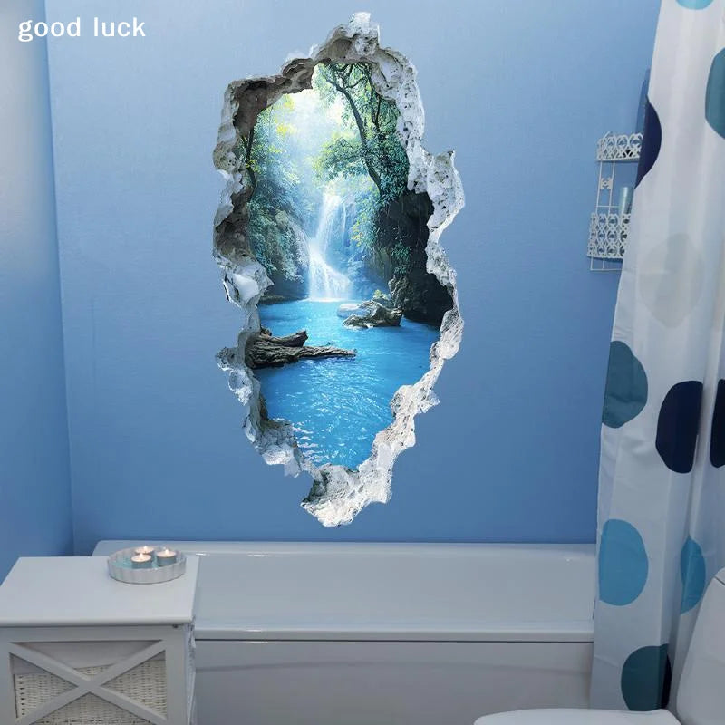 sticker mural paysage cascade arbres eau chambre bain décoration maison réaliste opaque pvc