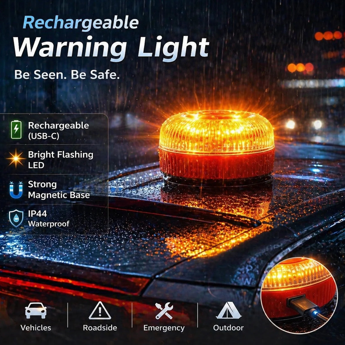 lampe signalisation rechargeable urgence orange blanche aimantée clignotante automatique sécurité moderne compact