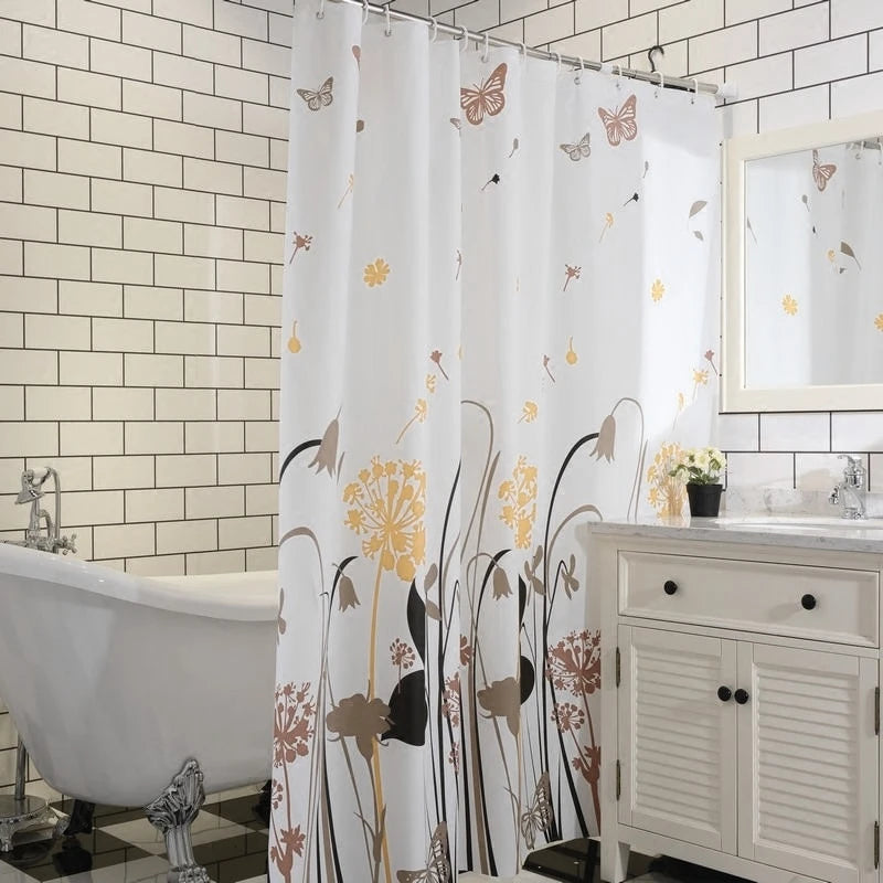 rideau douche fleuri moderne fleurs papillons motifs naturels blancs jaunes marrons noirs imperméable