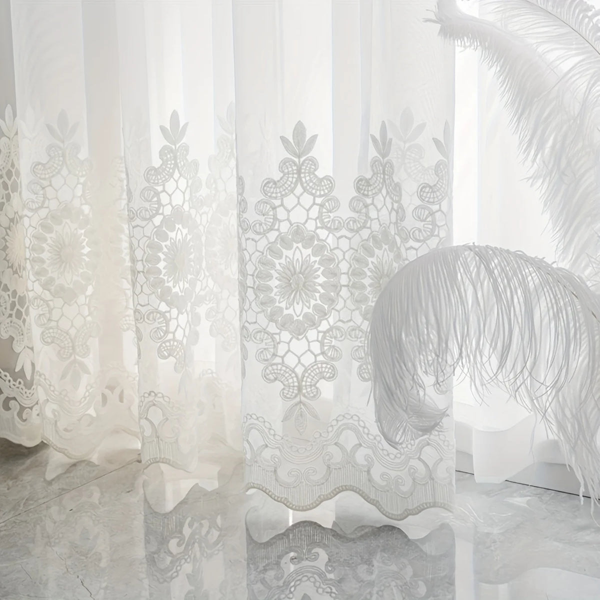 rideau blanc brodé floral transparent classique polyester salon chambre 100x200cm