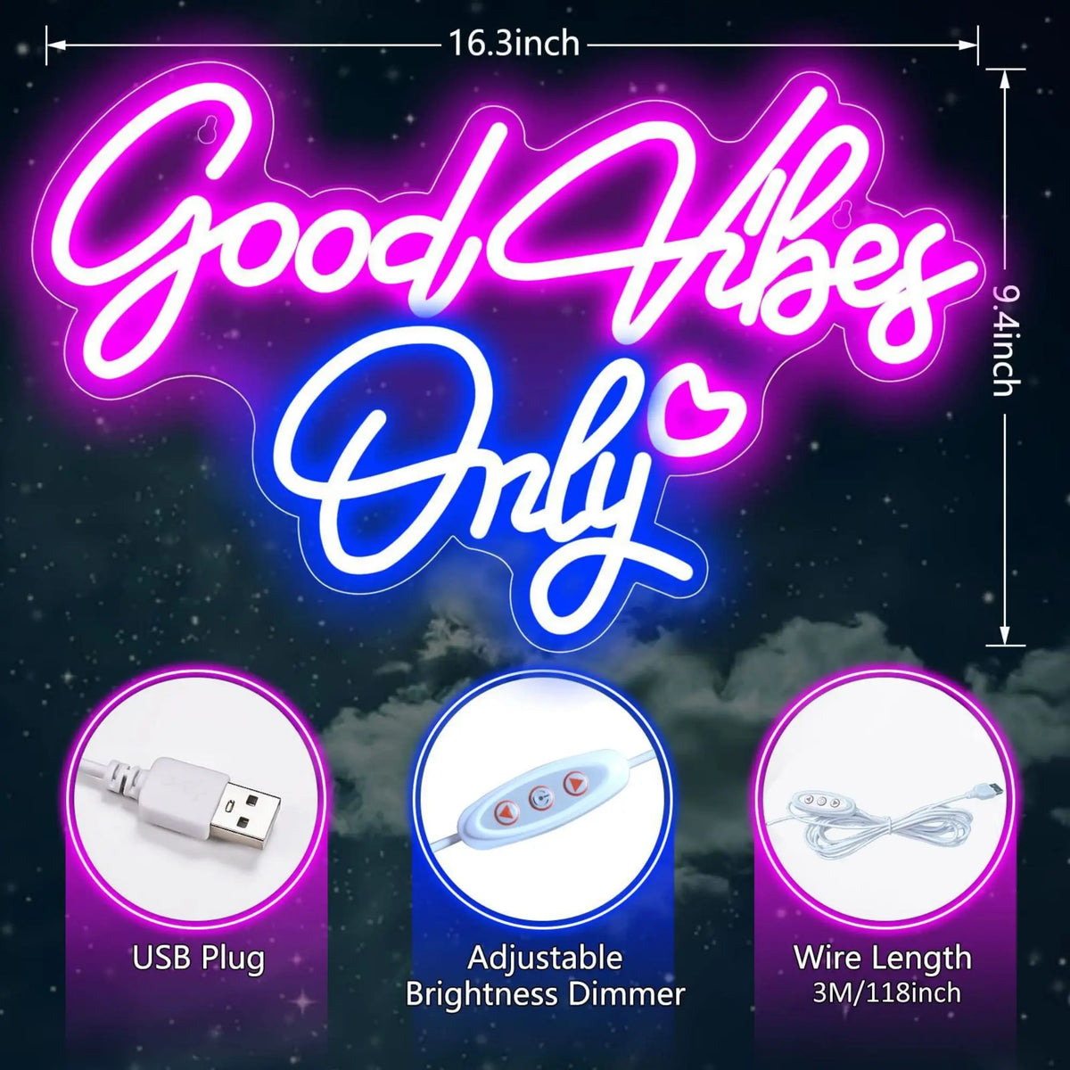 néon lumineux Good Vibes Only moderne rose bleu texte cœur réglable USB chambre coucher