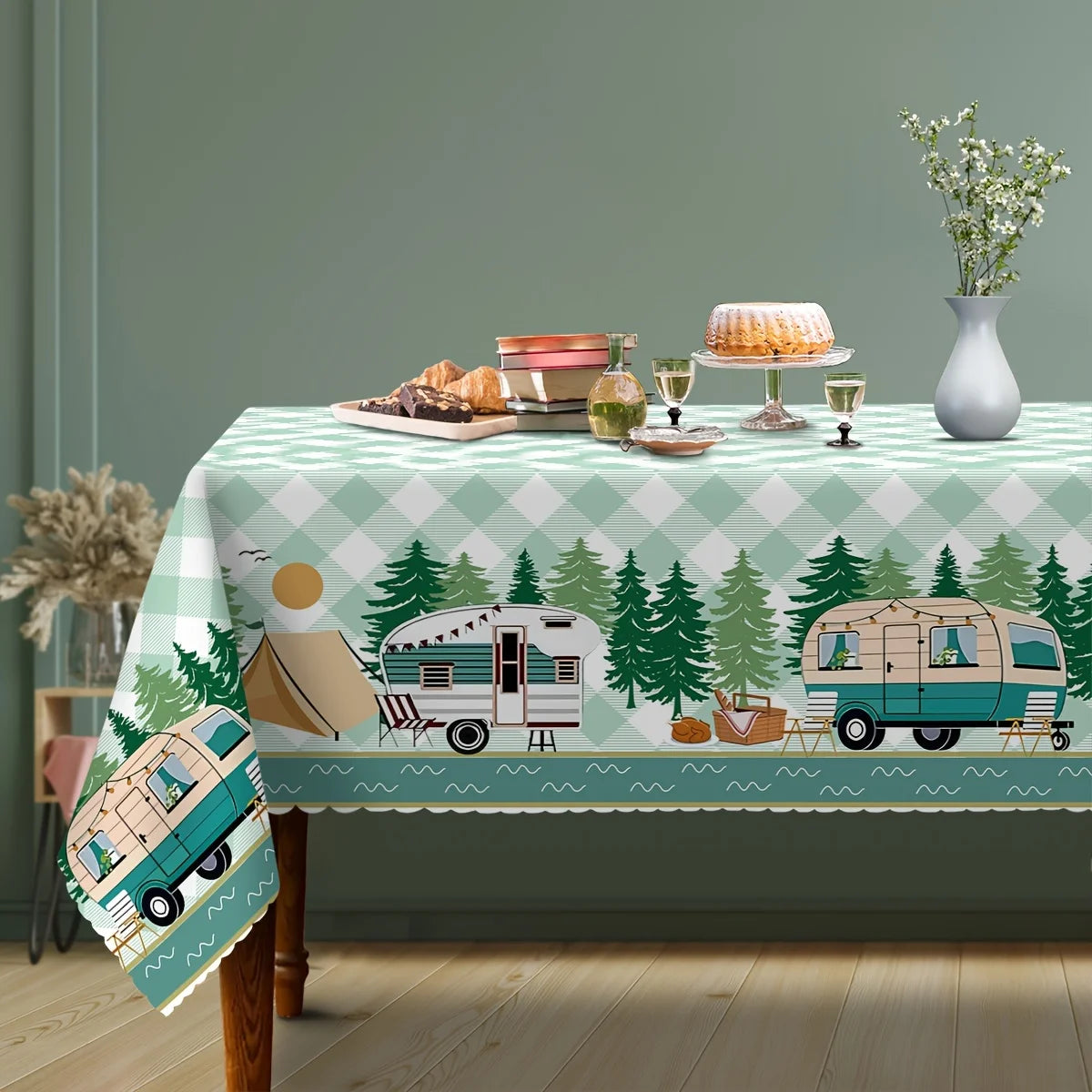 nappe verte arbres carreaux polyester moderne camping table pique nique extérieur réutilisable 140x180cm 152x220cm