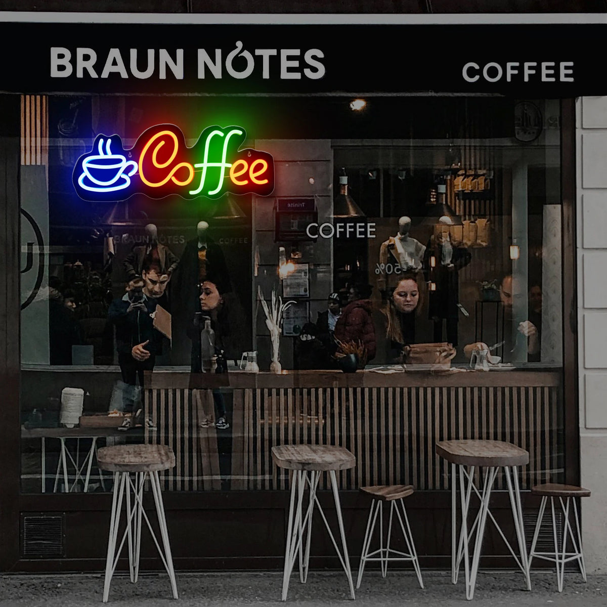 enseigne néon moderne lettres Coffee tasse bleu rouge vert fixée crochets