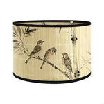 abat jour artisanal oiseaux fleurs branches beige noir jaune rose vert boucle métallique
