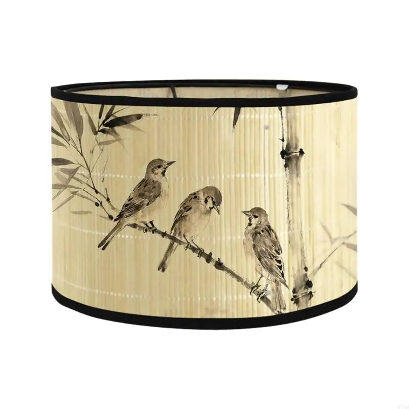 abat jour artisanal oiseaux fleurs branches beige noir jaune rose vert boucle métallique