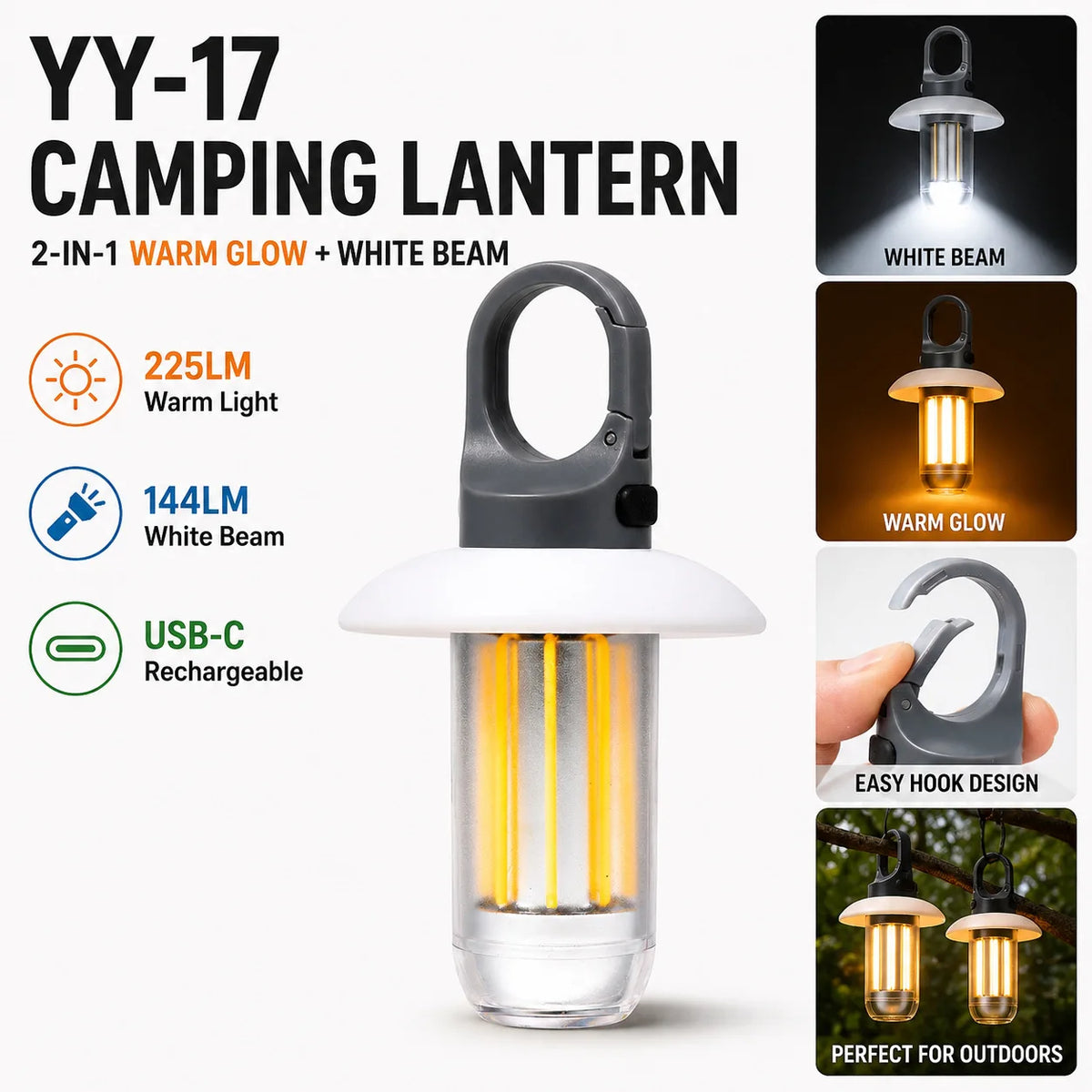 lanterne camping rechargeable transparente moderne gris jaune doré modes étanche crochet intégré
