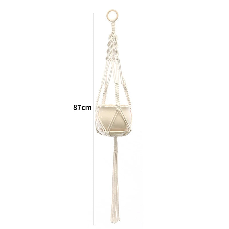 support plante suspendue macramé fibre végétale blanc boho artisanal anneaux pot plante verte