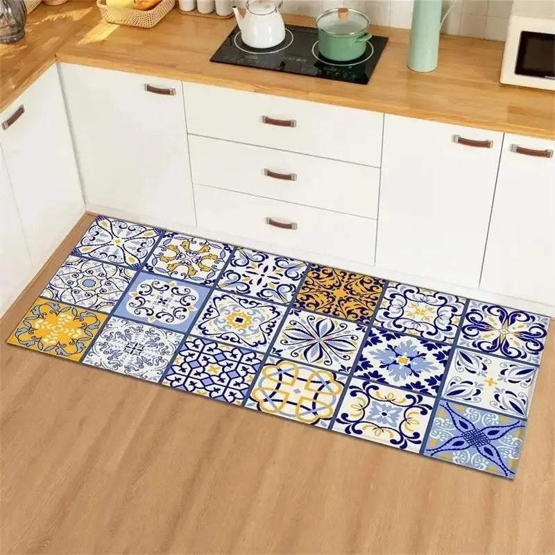 tapis sol moderne carreaux géométriques fleurs bleu jaune blancintérieur extérieur antidérapant facilenettoyer