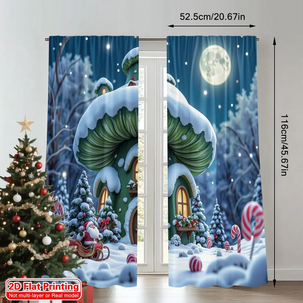 rideau hiver illustration 2d maison champignon sapins bonhomme neige sucreries bleu vert blanc rouge