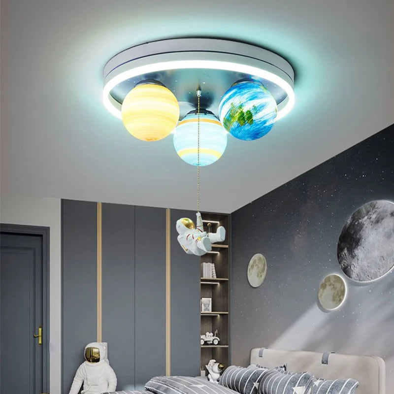 lampe moderne planètes astronaute couleur blanc bleu orange vert