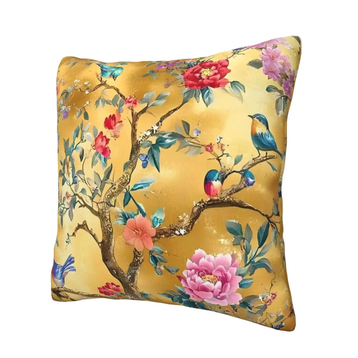 coussin pastoral fleuri oiseaux or rouge rose bleu vert polyester amovible lavable lit chambre