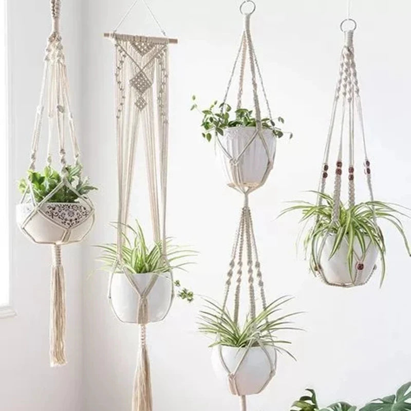 porte plante suspendu macramé blanc coton décoration bohème jardin intérieur balcon maison extérieur