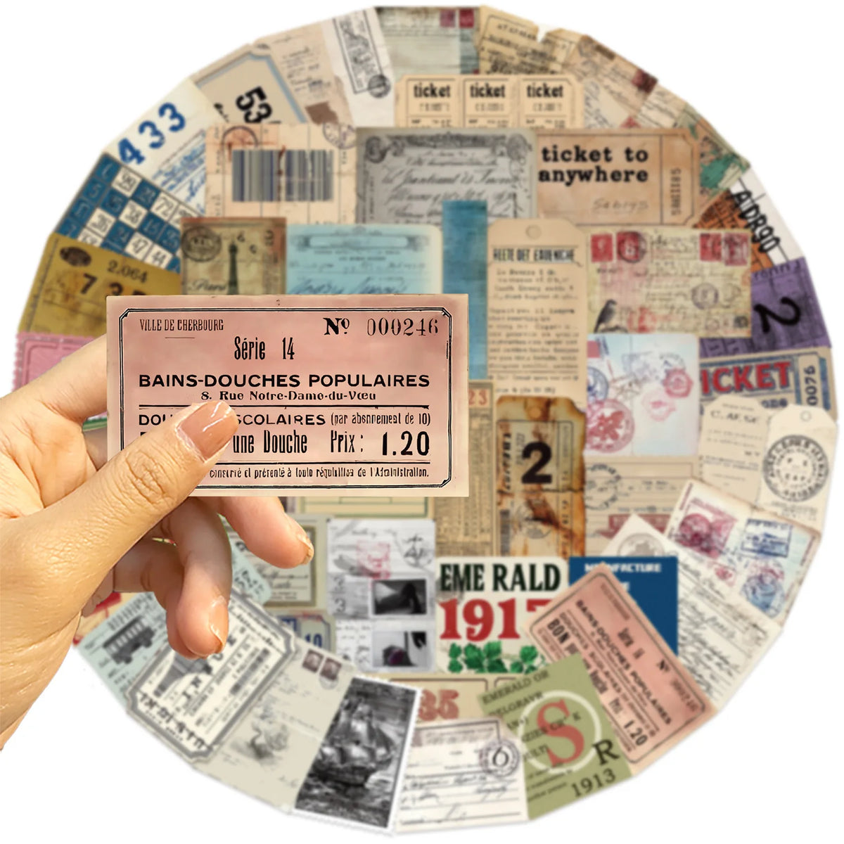 tickets vintage rétro collection ancien collage opacité beige marron bleu vert rouge noir blanc