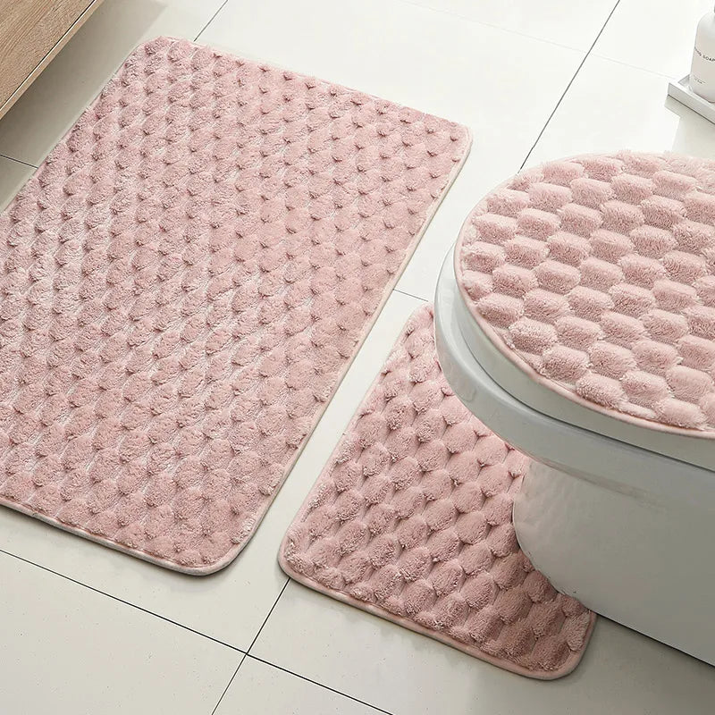 tapis bain moderne rose pâle texture boules respectueux environnement salle bain lavable machine séchage
