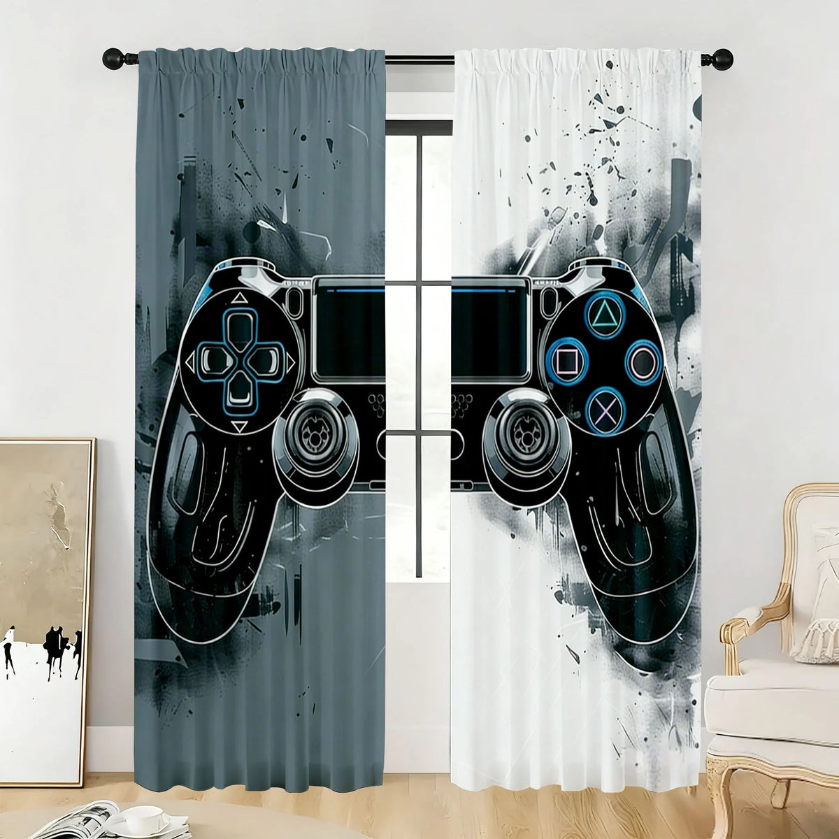 rideau moderne manette jeu gris noir blanc motif abstrait translucide polyester chambre jeu