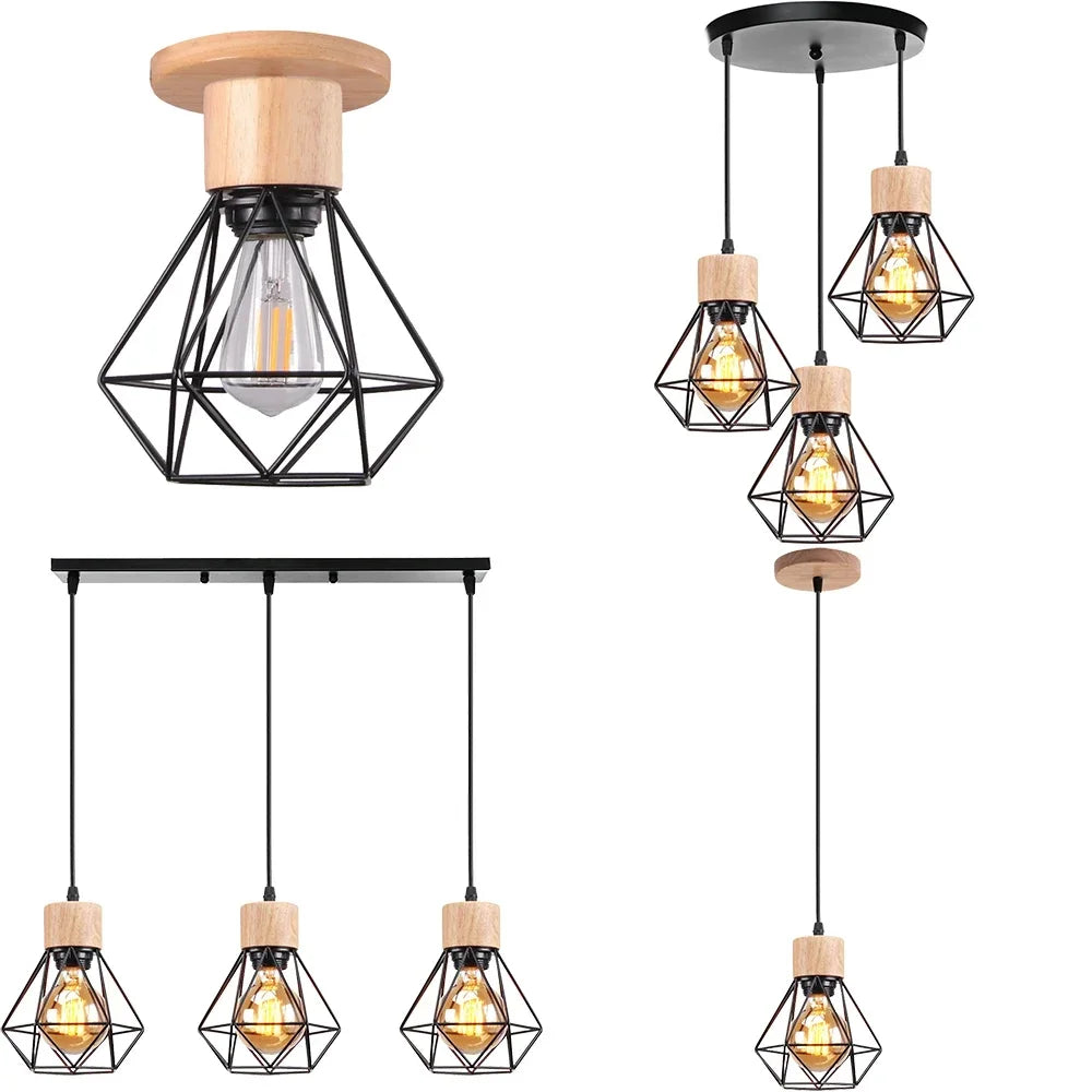 suspension lumineuse industrielle cage métal finition bois naturel ampoule filament noir moderne
