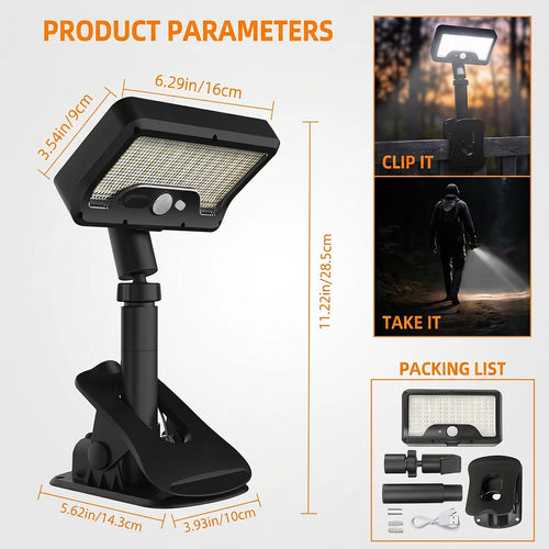 lampe solaire clip noir ip65 92 led motion sensor extérieur moderne