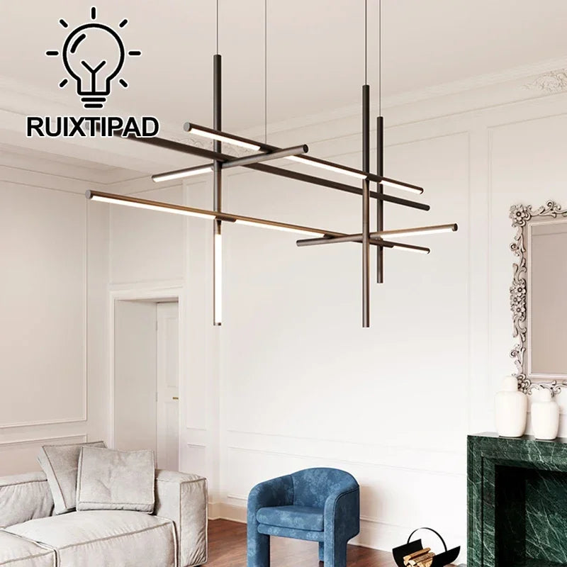 lustre moderne suspension noir doré lumière chaînes géométrique minimaliste chambre salon