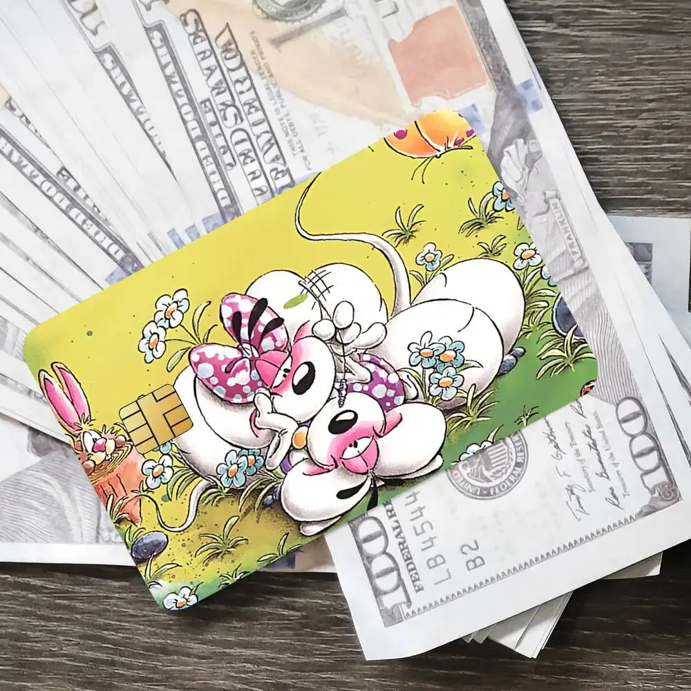cartes bancaires personnalisées dessin animé souris coeurs papillons fleurs blanc rose vert jaune