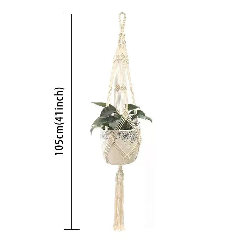 support plante suspendue macramé boho panier blanc noeuds réguliers artisanal pot fleuri