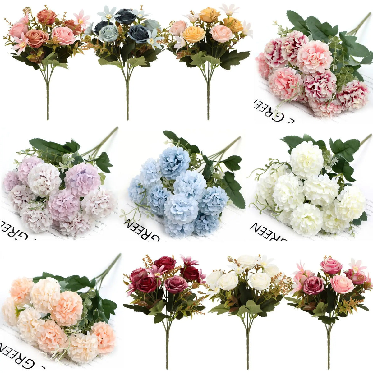 bouquets artificiels fleurs roses bleues blanches vases décoration intérieure mariage anniversaire rustic vintage