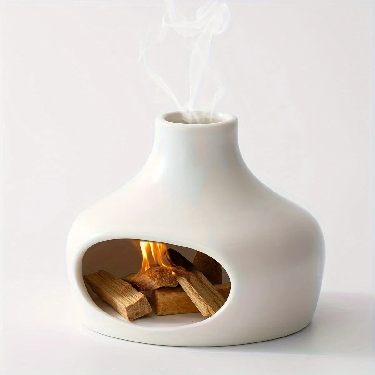 diffuseur céramique blanc moderne foyer miniature bois chauffage apaisant salon decoration aromathérapie yoga meditation