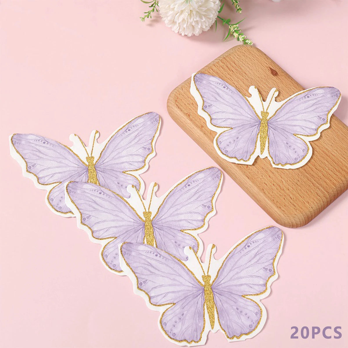 serviettes papier papillon violet rose bleu détails dorés fêtes usage unique pack 20 illustration